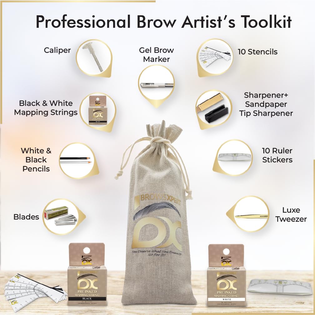 BROWSXPERT Master Brow Starter Bundle (Master Brow Mapping Kit, Shading Henna Powder Touch-Up Kit, Eyebrows Cleanser Foam, Electric Mixer, Plastic Film Wrap)