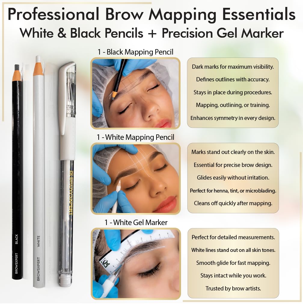 BROWSXPERT Master Brow Starter Bundle (Master Brow Mapping Kit, Shading Henna Powder Touch-Up Kit, Eyebrows Cleanser Foam, Electric Mixer, Plastic Film Wrap)