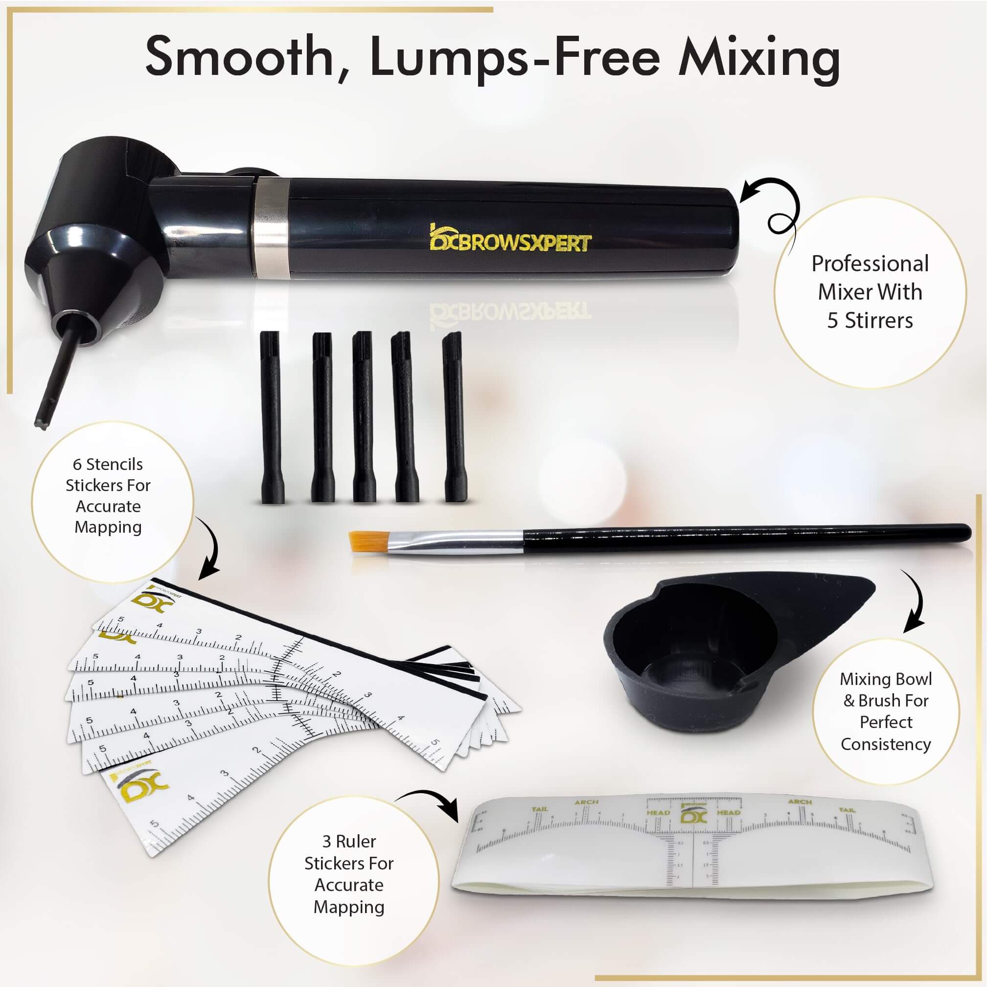 BROWSXPERT Master Brow Starter Bundle (Master Brow Mapping Kit, Shading Henna Powder Touch-Up Kit, Eyebrows Cleanser Foam, Electric Mixer, Plastic Film Wrap)