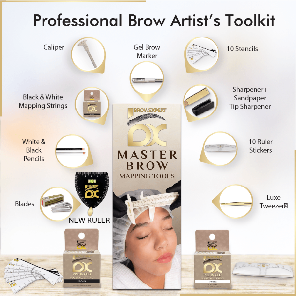 BROWSXPERT Master Brow Mapping Kit – 1 Caliper, 2 Pre-Inked Threads (Black and White), 2 Pencils (Black & White), 1 Marker, 2 Sharpeners, 10 Stencils, 10 Sticky Rulers and 1 Tweezers for Professionals