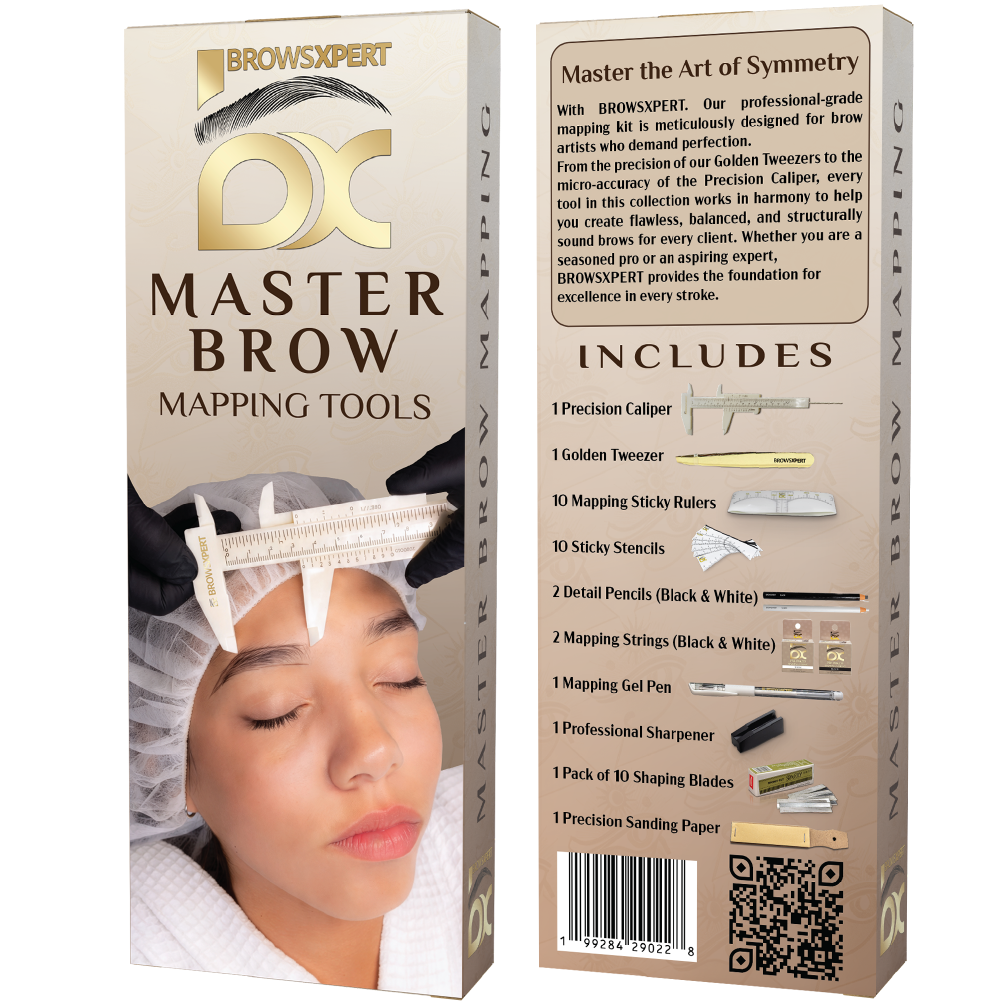 BROWSXPERT Master Brow Mapping Kit – 1 Caliper, 2 Pre-Inked Threads (Black and White), 2 Pencils (Black & White), 1 Marker, 2 Sharpeners, 10 Stencils, 10 Sticky Rulers and 1 Tweezers for Professionals
