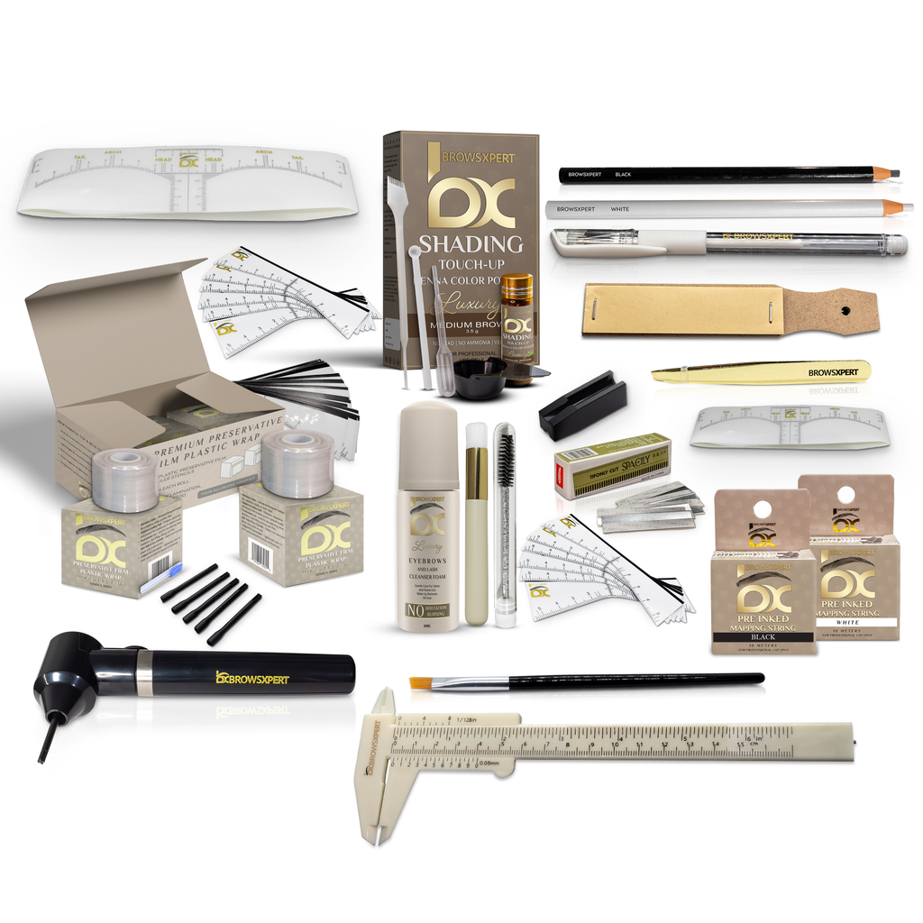 BROWSXPERT Master Brow Starter Bundle (Master Brow Mapping Kit, Shading Henna Powder Touch-Up Kit, Eyebrows Cleanser Foam, Electric Mixer, Plastic Film Wrap)