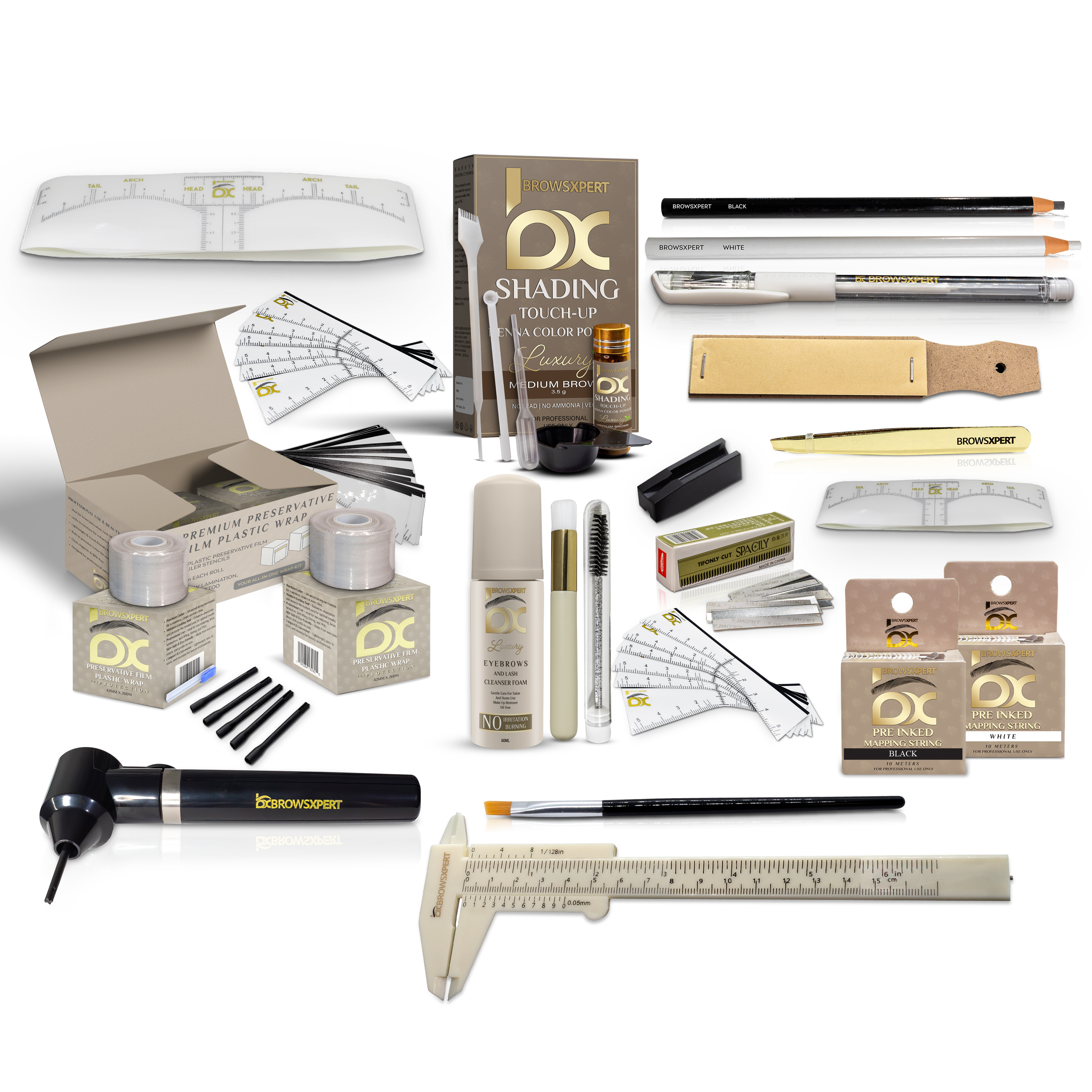 BROWSXPERT Master Brow Starter Bundle (Master Brow Mapping Kit, Shading Henna Powder Touch-Up Kit, Eyebrows Cleanser Foam, Electric Mixer, Plastic Film Wrap)